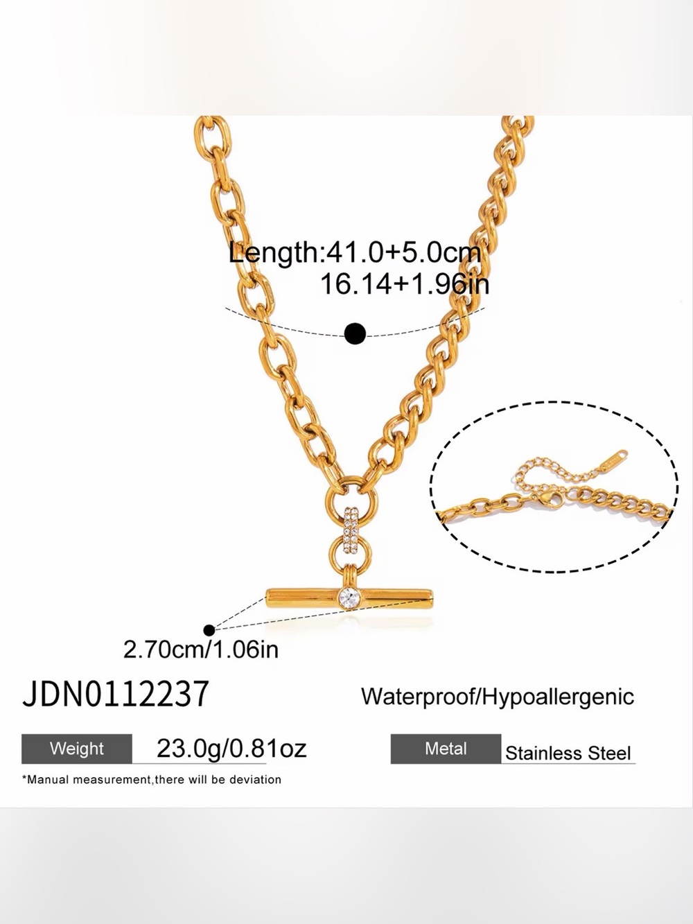 18K Gold Plated Chunky T-Bar Necklace - Picture 8 of 9